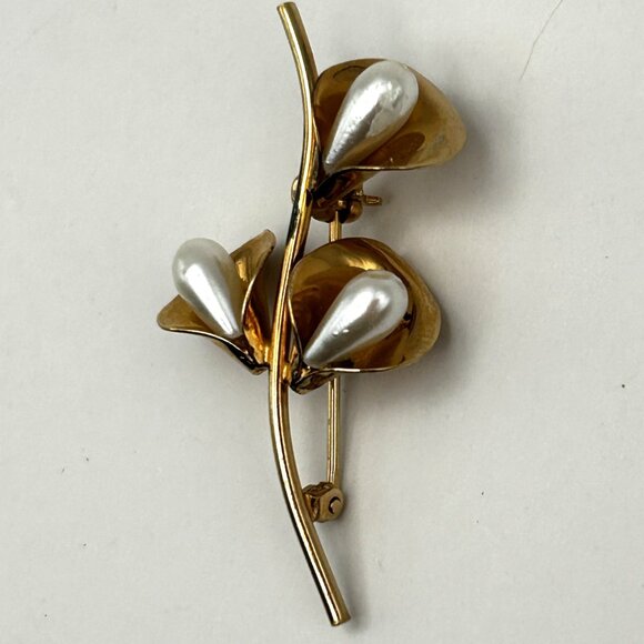 Vintage Beau Sterling Calla Lily Brooch Gold Vermeil Faux Pearl Flower Pin - Picture 9 of 10